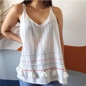 Lou & Grey White Tank Top Tassel Embroidered Details Size Small